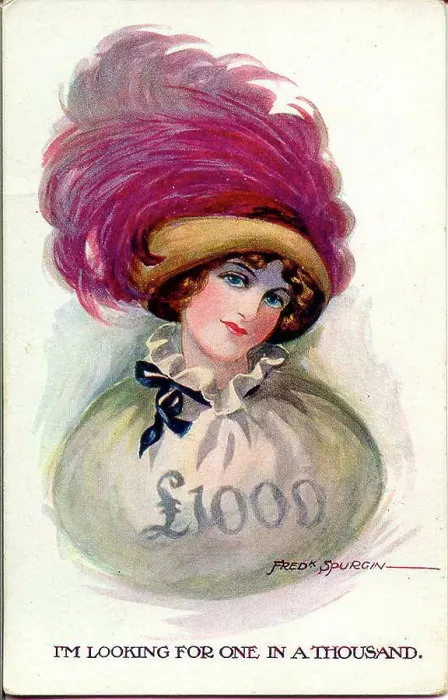 Framed Print : Comic postcard, Pretty woman with moneybag - I'm looking for one in a thousand. Date: early 20th century Framed Print : Comic postcard, Pretty woman with moneybag - I'm looking for one in a thousand. Date: early 20th century
