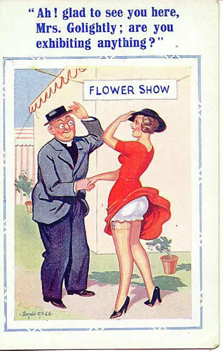 : Comic postcard, Pretty woman and vicar at flower show : Comic postcard, Pretty woman and vicar at flower show