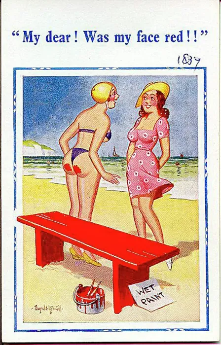 : Comic postcard, Two pretty women on the beach - Wet Paint Date: 20th century : Comic postcard, Two pretty women on the beach - Wet Paint Date: 20th century