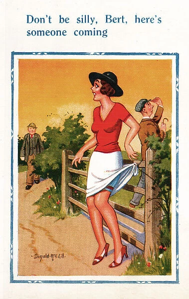 Comic postcard, Pretty young woman, someone coming Date: 20th century