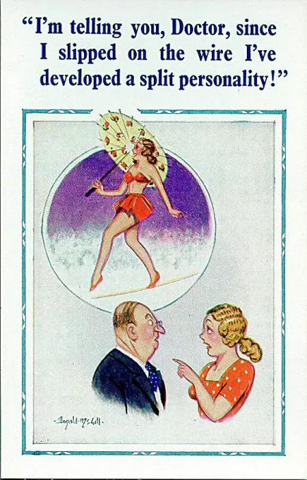 : Comic postcard, Pretty young woman and doctor - split personality Date: 20th century : Comic postcard, Pretty young woman and doctor - split personality Date: 20th century