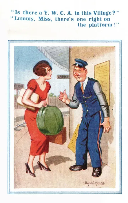Framed Print : Comic postcard, Pretty young woman seeks YWCA