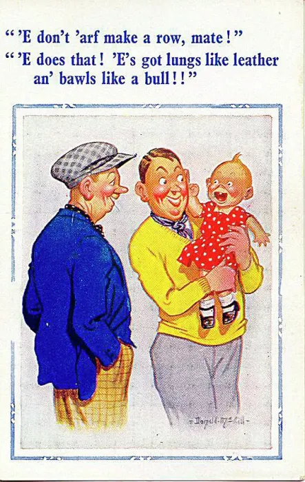 : Comic postcard, proud father with baby Date: 20th century : Comic postcard, proud father with baby Date: 20th century