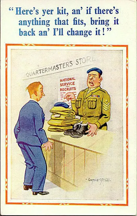 : Comic postcard, Quartermaster's store, National Service Date: circa 1950s : Comic postcard, Quartermaster's store, National Service Date: circa 1950s
