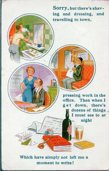 Framed Print : Comic postcard, reasons (or excuses) for not writing Date: 20th century Framed Print : Comic postcard, reasons (or excuses) for not writing Date: 20th century
