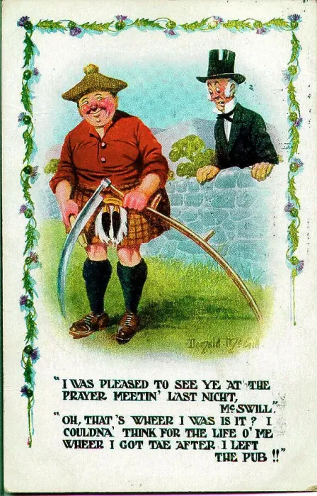 Framed Print : Comic postcard, Religious gentleman and Scotsman Date: early 20th century Framed Print : Comic postcard, Religious gentleman and Scotsman Date: early 20th century
