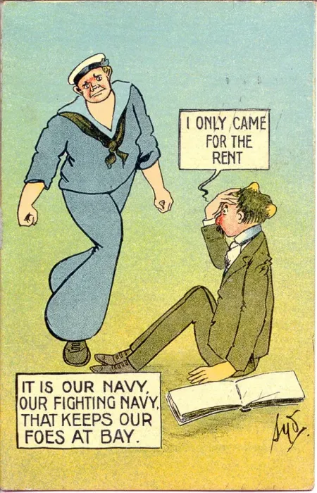 Framed Print : Comic postcard, Rent collector hit by sailor Date: early 20th century Framed Print : Comic postcard, Rent collector hit by sailor Date: early 20th century