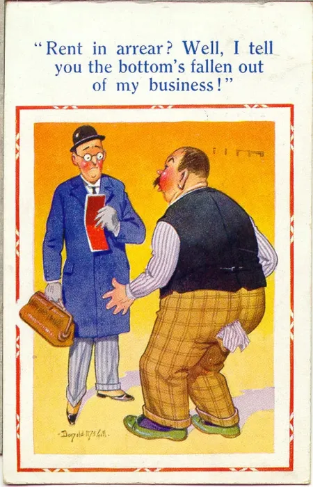 Framed Print : Comic postcard, Rent collector and tenant Date: 20th century Framed Print : Comic postcard, Rent collector and tenant Date: 20th century