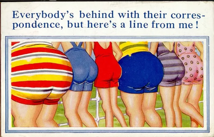 Framed Print : Comic postcard, A row of six bottoms in swimsuits at the seaside Date: 20th century Framed Print : Comic postcard, A row of six bottoms in swimsuits at the seaside Date: 20th century