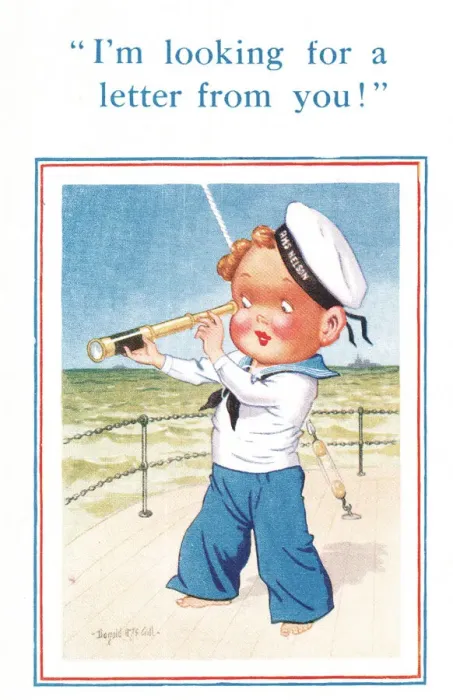 Framed Print : Comic postcard, Sailor in the British Royal Navy, WW2 - looking for a letter from his Framed Print : Comic postcard, Sailor in the British Royal Navy, WW2 - looking for a letter from his