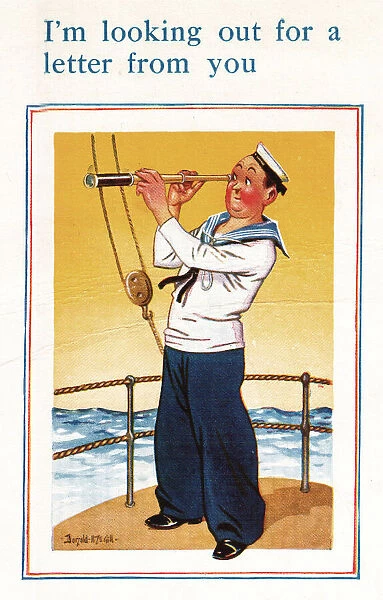 Comic postcard, Sailor in the British Royal Navy, WW2 - looking out for a letter from his