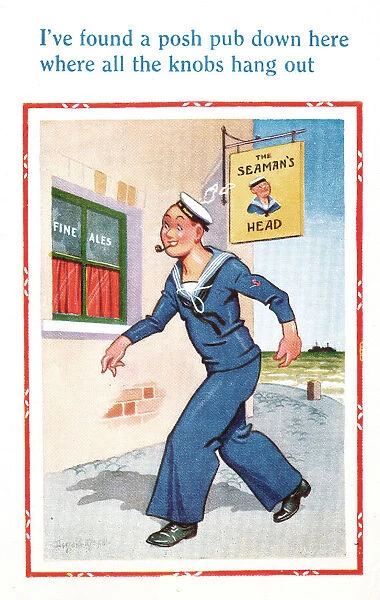 Comic postcard, Sailor in the British Royal Navy, WW2 - striding into a pub
