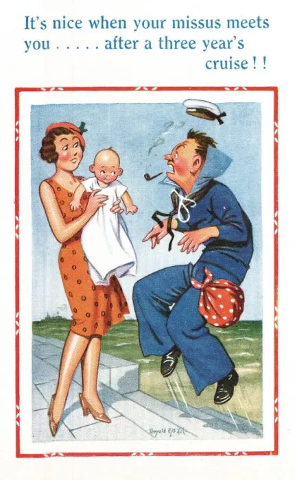 Framed Print : Comic postcard, Sailor in the British Royal Navy, WW2 - an unexpected baby Framed Print : Comic postcard, Sailor in the British Royal Navy, WW2 - an unexpected baby