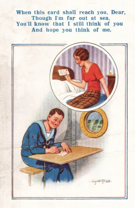 Framed Print : Comic postcard, Sailor in the British Royal Navy, WW2 - writing to his sweetheart Framed Print : Comic postcard, Sailor in the British Royal Navy, WW2 - writing to his sweetheart