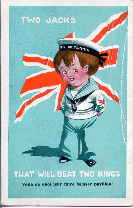 Framed Print : Comic postcard, Sailor of HMS Britannia with British flag - Two Jacks that will beat two kings. Date: circa 1940s Framed Print : Comic postcard, Sailor of HMS Britannia with British flag - Two Jacks that will beat two kings. Date: circa 1940s