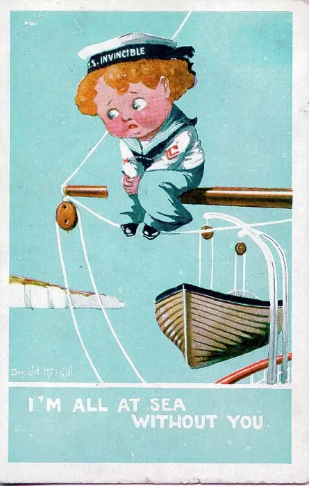 Framed Print : Comic postcard, Sailor of HMS Invincible missing his girl - I'm all at sea without you. Date: circa 1940s Framed Print : Comic postcard, Sailor of HMS Invincible missing his girl - I'm all at sea without you. Date: circa 1940s