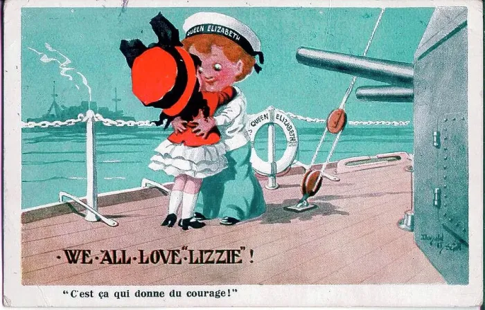 Framed Print : Comic postcard, Sailor of HMS Queen Elizabeth with his girl - We all love Lizzie! Date: circa 1940s Framed Print : Comic postcard, Sailor of HMS Queen Elizabeth with his girl - We all love Lizzie! Date: circa 1940s