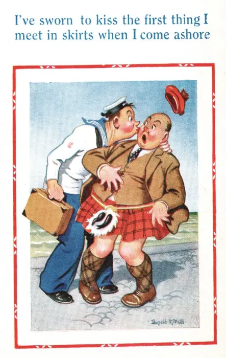 Framed Print : Comic postcard, Sailor and Scotsman, WW2 - kissing the first thing he meets in skirts Framed Print : Comic postcard, Sailor and Scotsman, WW2 - kissing the first thing he meets in skirts