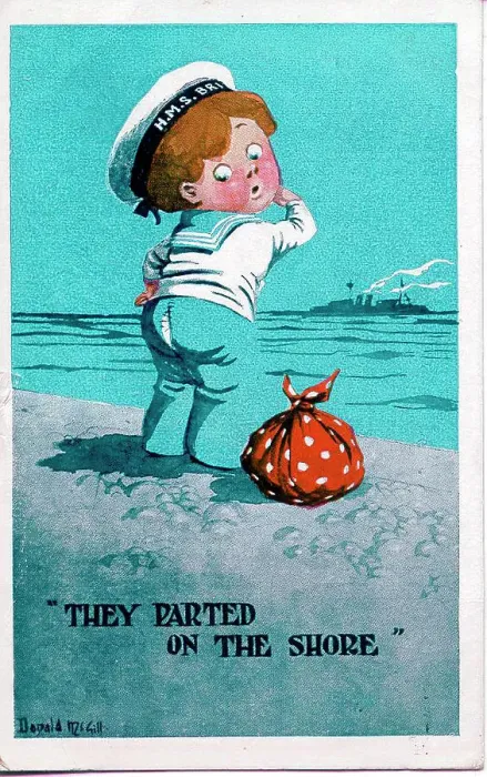 Framed Print : Comic postcard, Sailor with split trousers - They parted on the shore. Date: circa 1940s Framed Print : Comic postcard, Sailor with split trousers - They parted on the shore. Date: circa 1940s