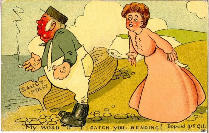 Framed Print : Comic postcard, Sailor and woman at the seaside - My word, if I catch you bending Framed Print : Comic postcard, Sailor and woman at the seaside - My word, if I catch you bending