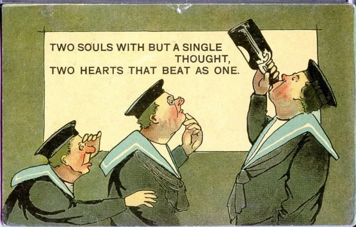 Framed Print : Comic postcard, Three sailors, one with a bottle, two without Date: 20th century Framed Print : Comic postcard, Three sailors, one with a bottle, two without Date: 20th century