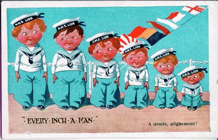 Framed Print : Comic postcard, Six sailors of HMS Lion - Every inch a man. Date: circa 1940s Framed Print : Comic postcard, Six sailors of HMS Lion - Every inch a man. Date: circa 1940s