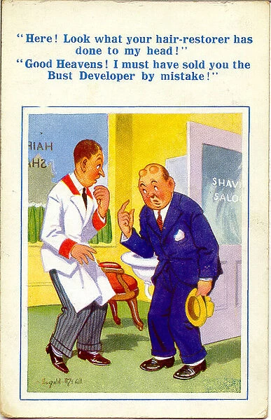 Comic postcard, Sale of wrong product - customer and barber Date: 20th century