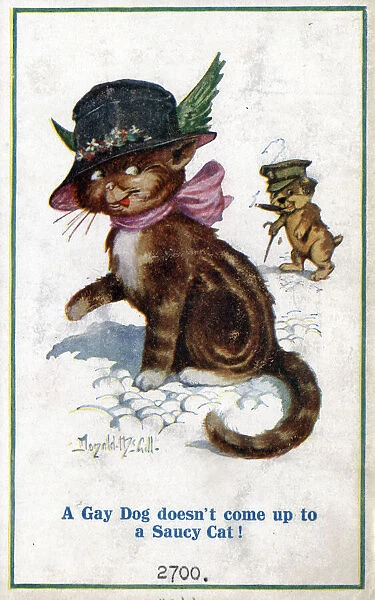 Comic postcard, Saucy cat and gay dog, WW1 Date: circa 1918