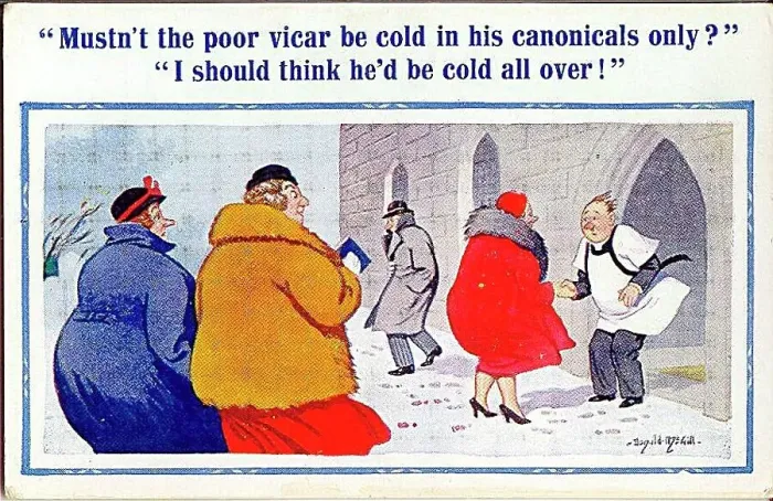 : Comic postcard, Scene on a cold day outside church Date: 20th century : Comic postcard, Scene on a cold day outside church Date: 20th century
