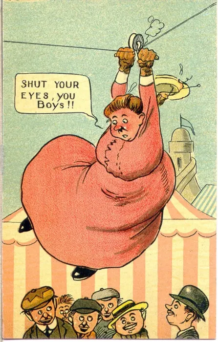 Framed Print : Comic postcard, Scene at a fun fair - Shut your eyes, you boys!! Date: 20th century Framed Print : Comic postcard, Scene at a fun fair - Shut your eyes, you boys!! Date: 20th century