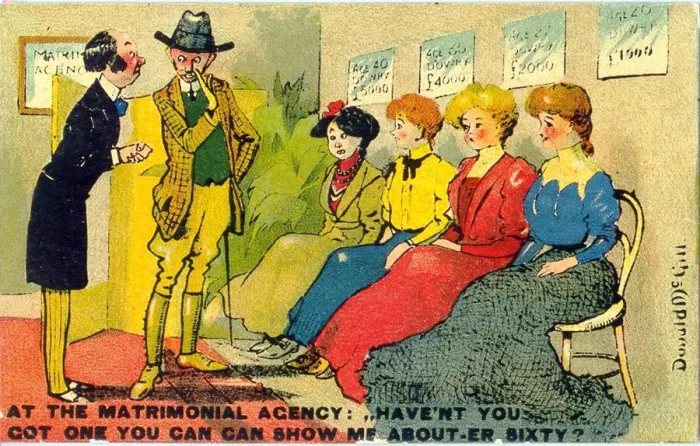 Framed Print : Comic postcard, Scene at a matrimonial agency Date: 20th century Framed Print : Comic postcard, Scene at a matrimonial agency Date: 20th century