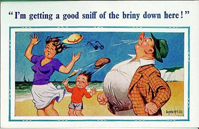 : Comic postcard, Scene at the seaside on a windy day Date: 20th century : Comic postcard, Scene at the seaside on a windy day Date: 20th century