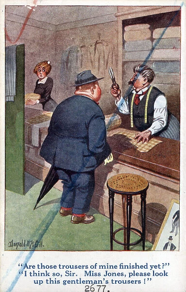 Comic postcard, Scene in a tailors shop Date: circa 1918
