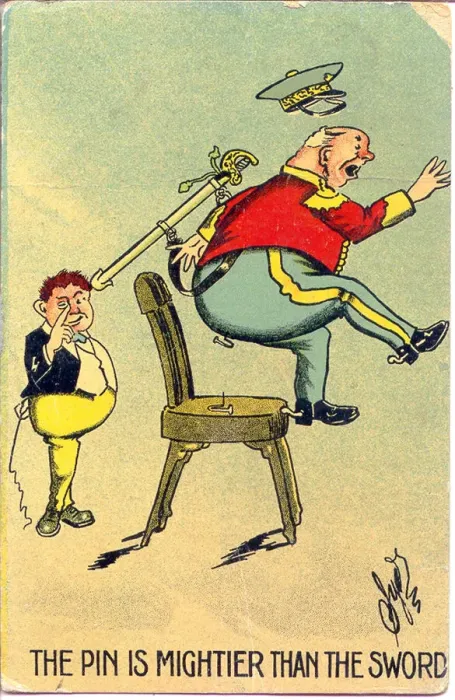 Framed Print : Comic postcard, Schoolboy and military man - practical joke Date: early 20th century Framed Print : Comic postcard, Schoolboy and military man - practical joke Date: early 20th century