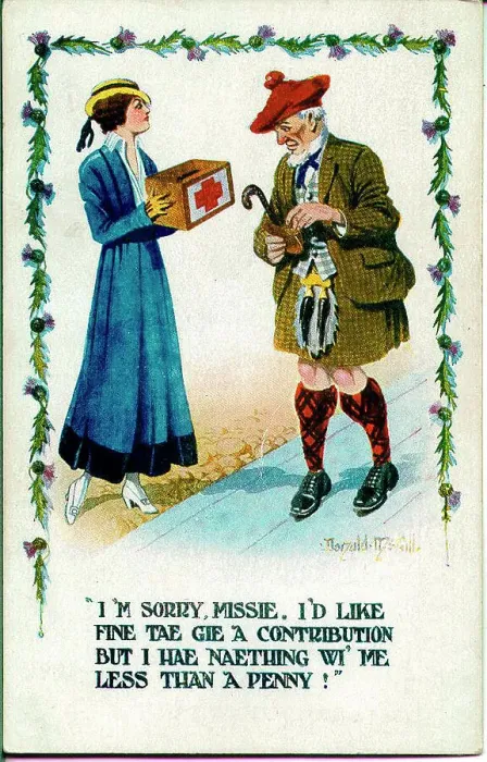 Framed Print : Comic postcard, Scotsman avoids charity box Date: early 20th century Framed Print : Comic postcard, Scotsman avoids charity box Date: early 20th century