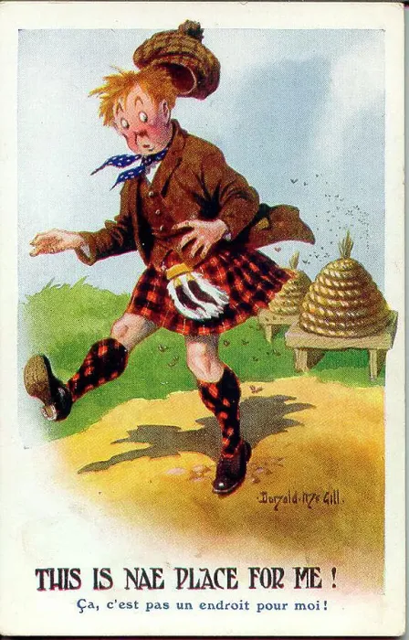 Framed Print : Comic postcard, Scotsman and beehives Date: early 20th century Framed Print : Comic postcard, Scotsman and beehives Date: early 20th century