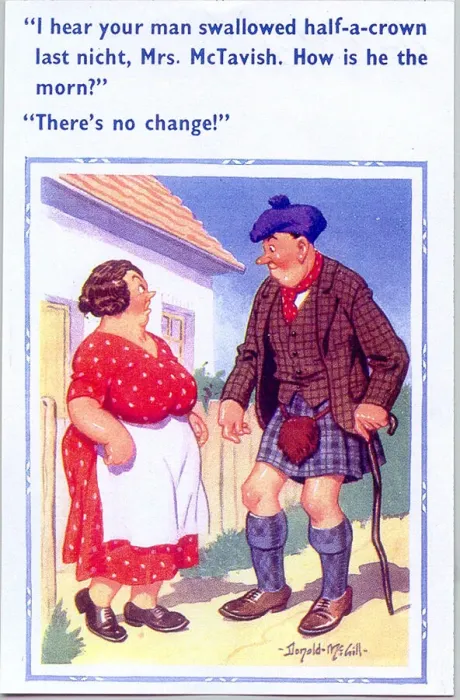 Framed Print : Comic postcard, Scotsman chats with neighbour Date: 20th century Framed Print : Comic postcard, Scotsman chats with neighbour Date: 20th century