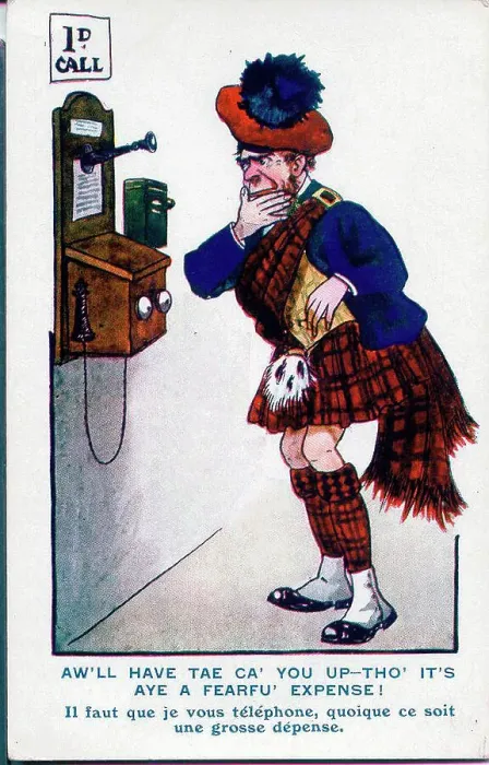 Framed Print : Comic postcard, Scotsman considers making a phone call, despite the terrible expense. Date: early 20th century Framed Print : Comic postcard, Scotsman considers making a phone call, despite the terrible expense. Date: early 20th century