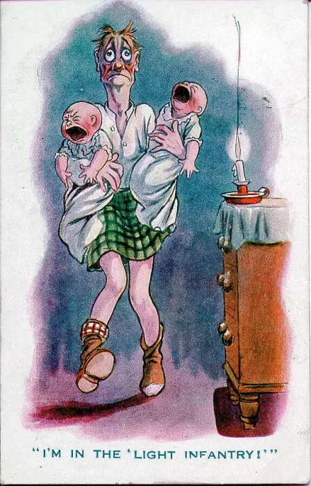 Framed Print : Comic postcard, Scotsman with two crying babies - I'm in the light infantry! Date: 1914-1918 Framed Print : Comic postcard, Scotsman with two crying babies - I'm in the light infantry! Date: 1914-1918