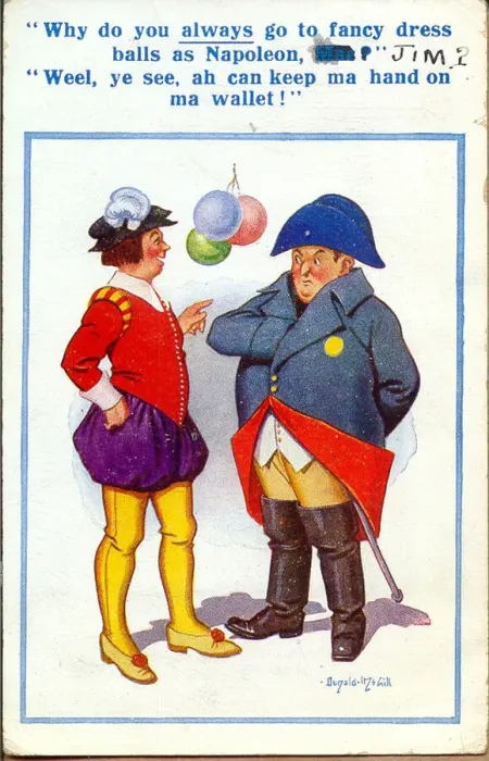 Framed Print : Comic postcard, Scotsman dressed as Napoleon at fancy dress ball Date: 20th century Framed Print : Comic postcard, Scotsman dressed as Napoleon at fancy dress ball Date: 20th century