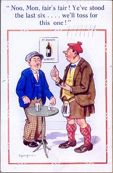 Comic postcard, Scotsman drinking in a pub