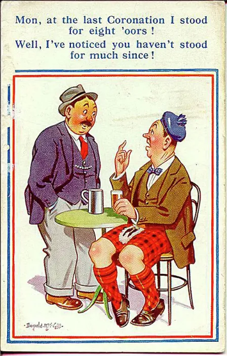 : Comic postcard, Scotsman and Englishman drinking in a pub Date: 20th century : Comic postcard, Scotsman and Englishman drinking in a pub Date: 20th century