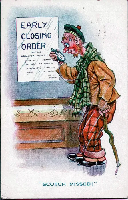 Framed Print : Comic postcard, Scotsman finds pub closed early - Scotch missed! Date: early 20th century Framed Print : Comic postcard, Scotsman finds pub closed early - Scotch missed! Date: early 20th century