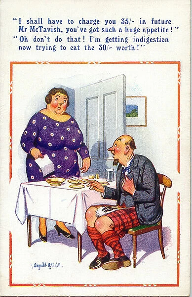 Comic postcard, Scotsman and landlady Date: 20th century