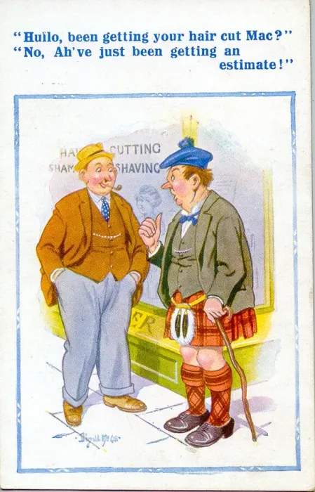 Framed Print : Comic postcard, Scotsman outside barbers shop Date: 20th century Framed Print : Comic postcard, Scotsman outside barbers shop Date: 20th century