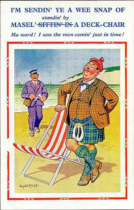 : Comic postcard, Scotsman stands by his deckchair to avoid paying for it Date: 20th century : Comic postcard, Scotsman stands by his deckchair to avoid paying for it Date: 20th century