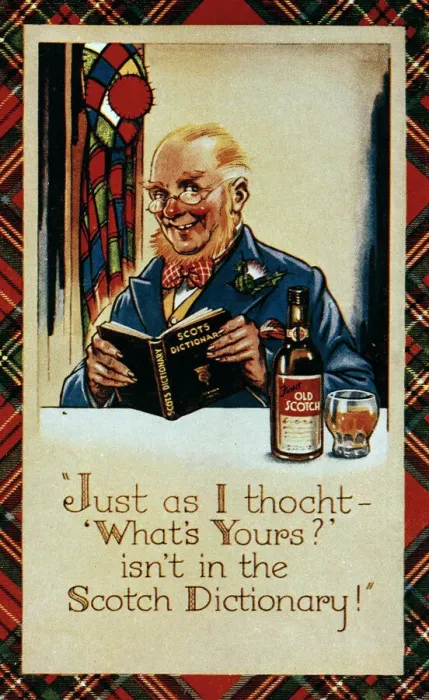 Framed Print : Comic postcard, Scotsman with whisky and Scots dictionary Framed Print : Comic postcard, Scotsman with whisky and Scots dictionary