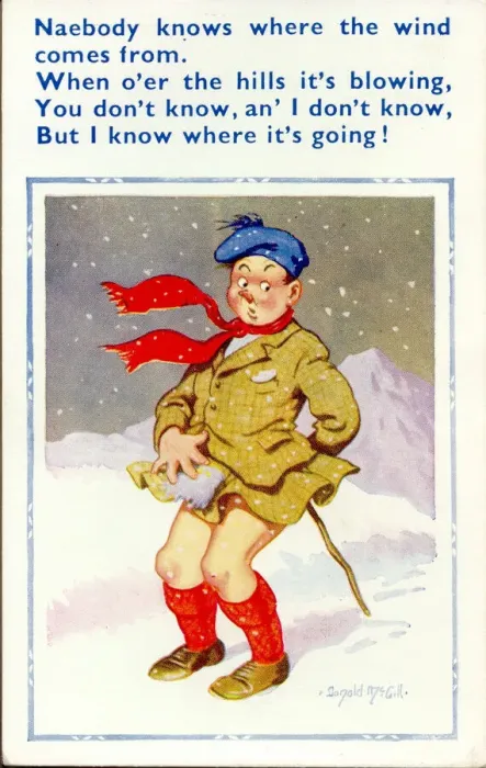 Framed Print : Comic postcard, Scotsman in windy weather Date: 20th century Framed Print : Comic postcard, Scotsman in windy weather Date: 20th century