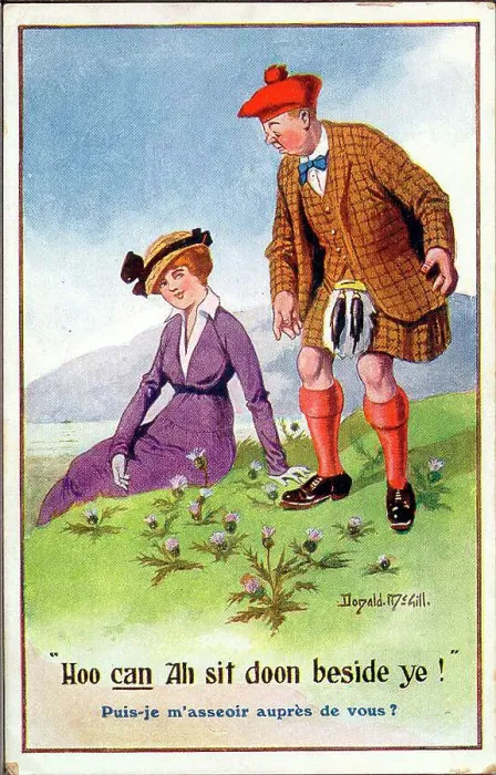 Framed Print : Comic postcard, Scotsman and woman on grass with thistles Date: early 20th century Framed Print : Comic postcard, Scotsman and woman on grass with thistles Date: early 20th century