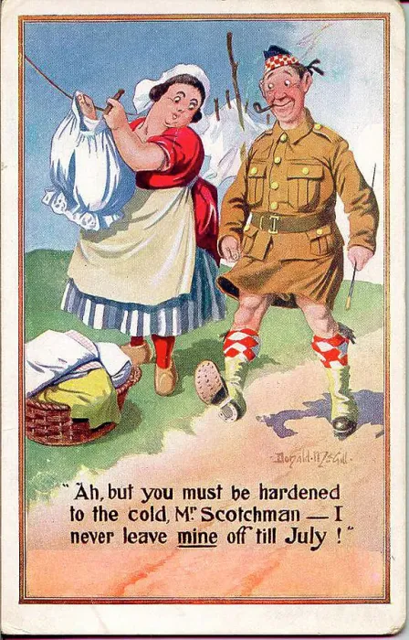 Framed Print : Comic postcard, Scotsman and woman hanging out the washing Date: early 20th century Framed Print : Comic postcard, Scotsman and woman hanging out the washing Date: early 20th century